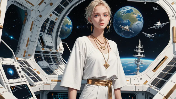 Anime joven rubia,  aesthetic body , dark blue eyes,  wearing white clothes with blue details, on a spaceship,  wearing gold nec...