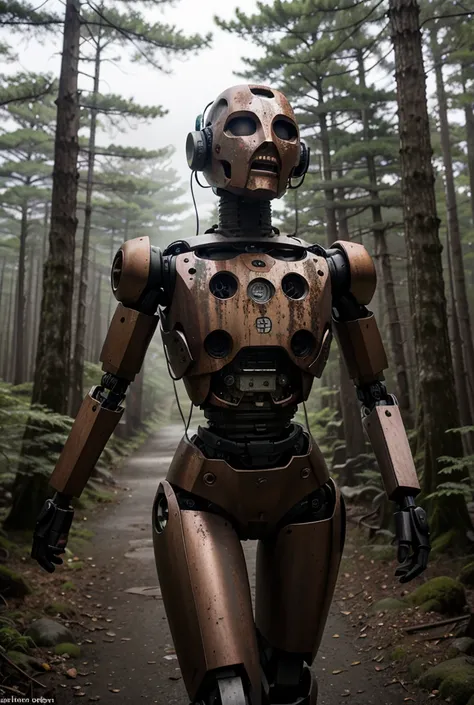 "A humanoid robot wandering through Aokigahara forest in Japan. Its rusted, decayed body features a mechanical grinder embedded ...