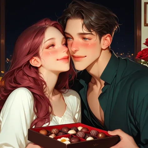 1boy, 1girl, boy gives flowers and a box of chocolates to a girl, Works of masters, best quality, beautiful eyes, Beautiful nose...