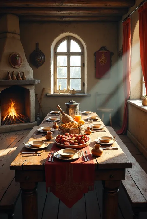 A Viking-era dinning room set up for breakfast for a chief family of four without anyone 