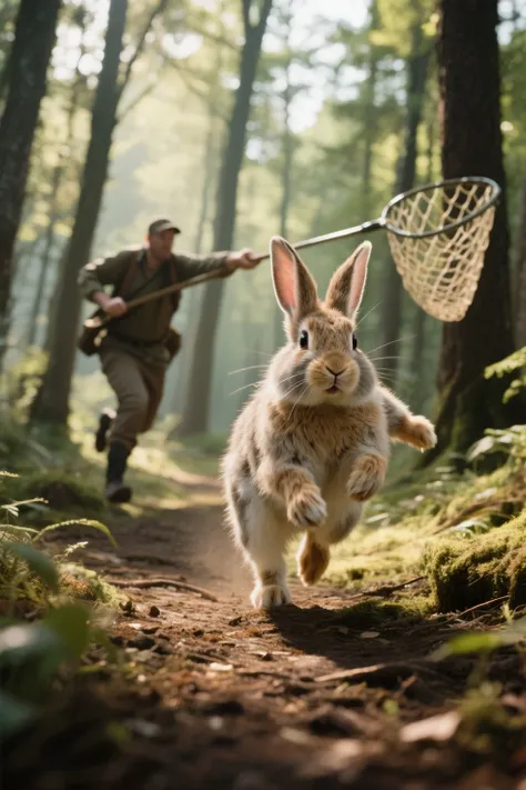 A realistic scene of a cute, fluffy rabbit running frantically through a dense forest, looking back at a hunter chasing him with...