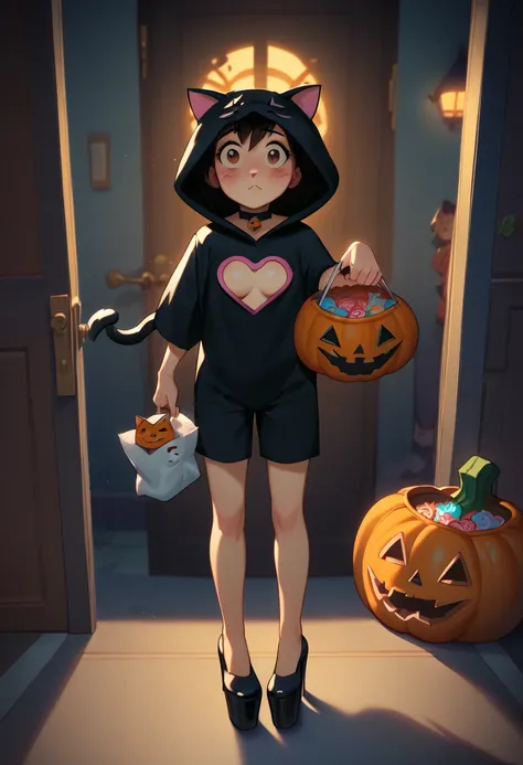 Peni Parker, cat costume, heart cutout, halloween night, dark night, dark day, holding pumpkin bag, shy, trick or treating, hall...