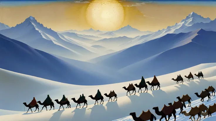 A lone merchant standing atop a mountain pass, gazing over a vast, snow-capped landscape, the silhouette of a camel caravan in t...
