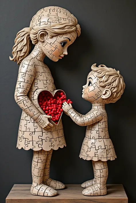 Sculpture détaillée d'une femme et d'un enfant, entièrement réalisée à partir de pièces de puzzle, se détachant sur un fond somb...