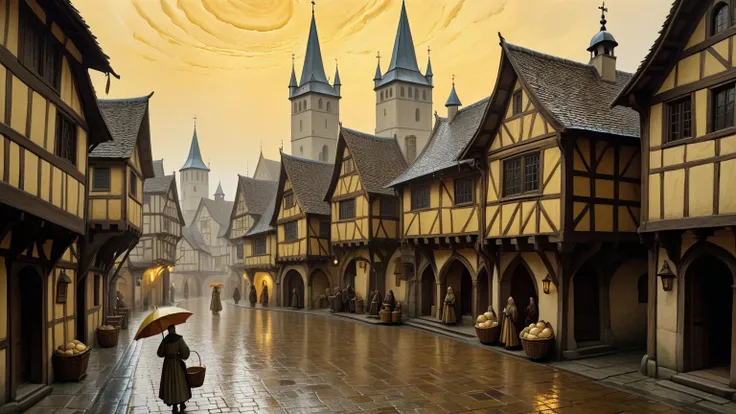 Prompt 15: "A quiet medieval town under a light drizzle, a figure with an umbrella moving through the streets with a basket in h...