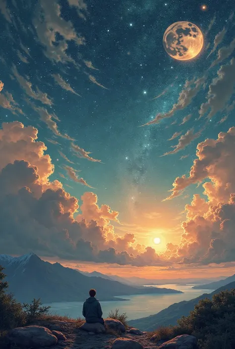 "A surreal night sky with swirling golden clouds and a glowing moon, dreamy cosmic landscape, distant mountains or calm sea, sof...