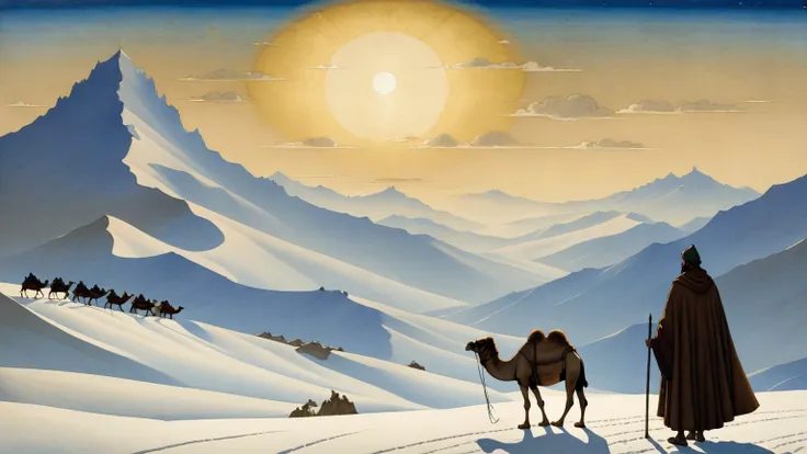 A lone merchant standing atop a mountain pass, gazing over a vast, snow-capped landscape, the silhouette of a camel caravan in t...