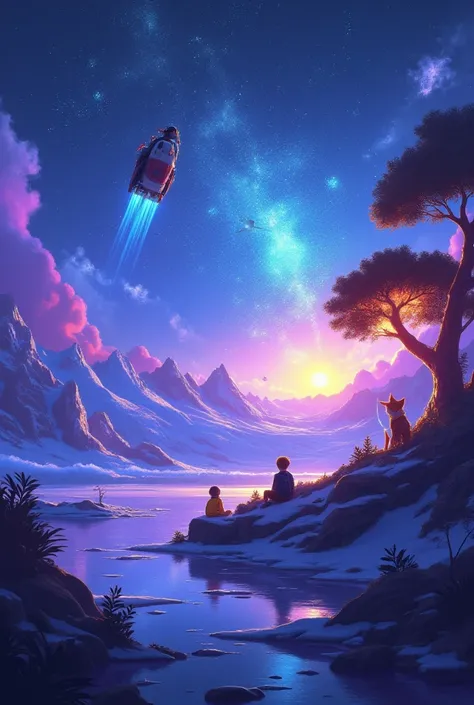"A wide cinematic digital illustration showing a surreal landscape split into sections: on the left, a penguin with a jetpack fl...