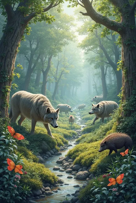 Temperate forest with wolves, wild boars, lizards and butterflies 