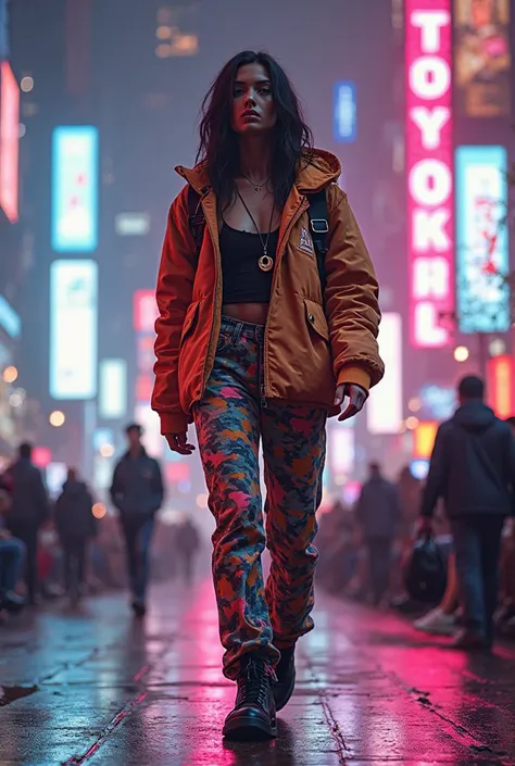 Runway model embodying a GTA6 video game character, contemporary urban look with vibrant prints, tough, charismatic, adventurous...