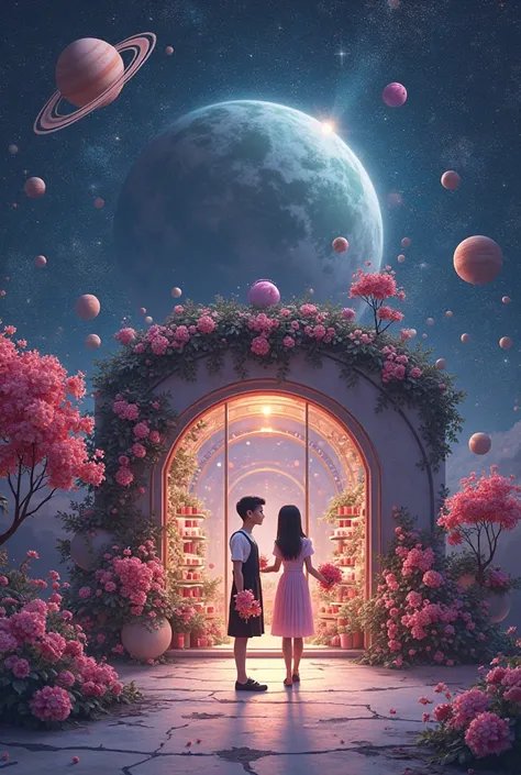 A perfume shop in a space around which there are planets . where customers enter and sellers stand with a flower that is sold in...