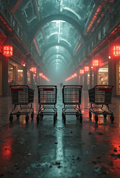 Four shopping carts lined up like train cars in a grocery store in a isle at a mall called Inferno Mall 