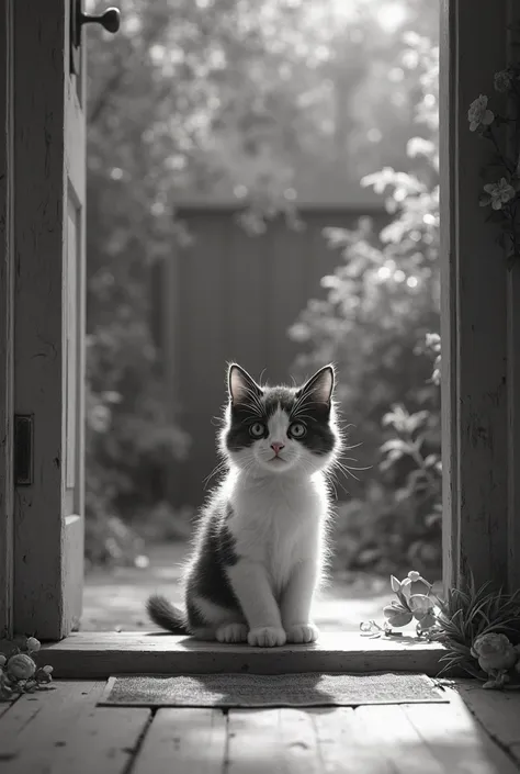 Small black and white kitten with long hair waiting on the threshold of the door to enter a beautiful house with tenderness to w...