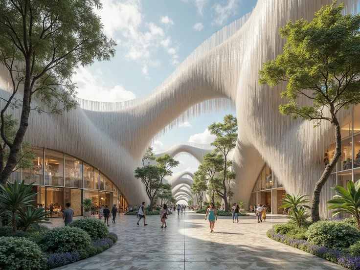 CREATE AN ARCHITECTURAL PROJECT FACADE WHERE the curtain is intertwined to form resistant but flexible structures, creating an a...