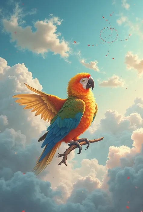 The parrot closes its eyes and imagines flying among the clouds. It flaps its wings in excitement, visualizing freedom.
