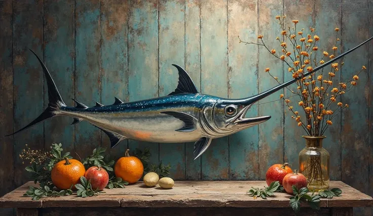 oil painting on old worn wood panel still life, swordfish, soft chiaroscuro lighting, wu quixel megascans, hyperrealist photogra...