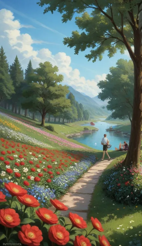 As people walk by, they stop to admire both the painting and the flowers, smiles spreading across their faces. The boy steps bac...