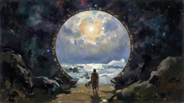 A starlit portal opens silently as you step toward the age of Noah—storms wait beyond, but for now, peace lingers; the clouds pa...