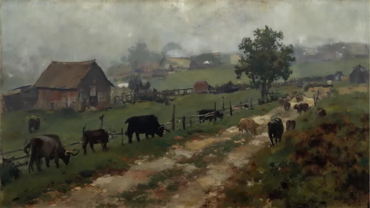 A small village path curves through foggy farmland in the 17th century, with distant barns and silhouettes of livestock barely v...