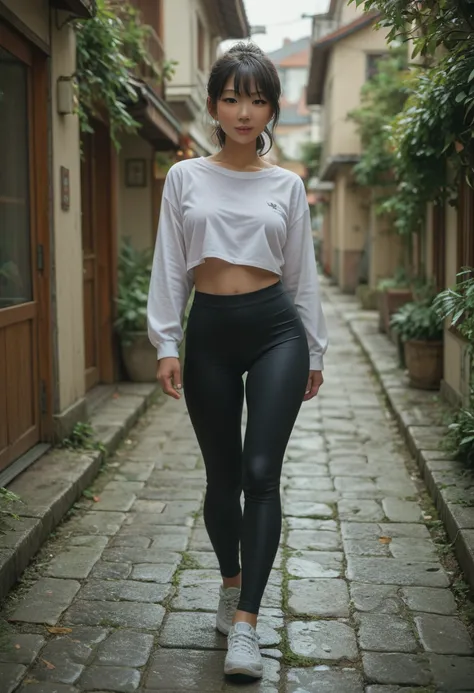 A Japanese girl in tight black pants walking 