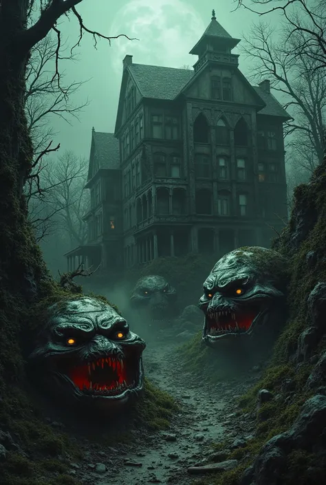 Ask for pictures of haunted houses that look old, scary faces, dark atmosphere.