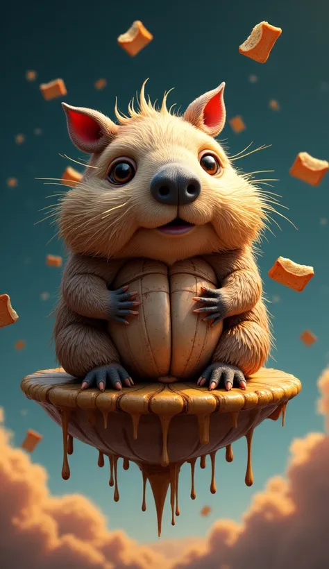 An old wrinkled capybara with rusted toaster parts fused into its shell, burnt toast falling from its back, sitting on a flying ...