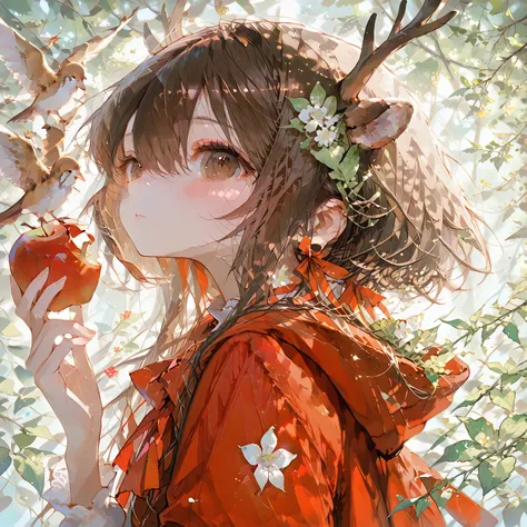 In the forest of fresh greenery、bird、flower、apple、The girl wearing Little Red Riding Hood、Soft Brown Hair、brown eyes、strange fac...