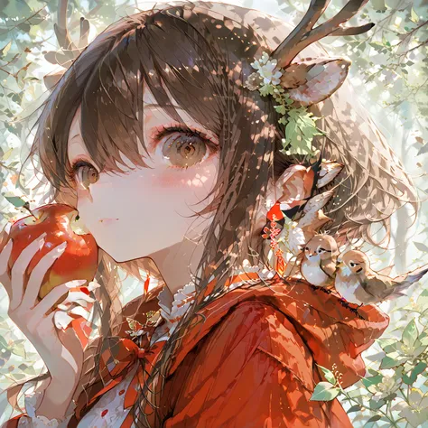 In the forest of fresh greenery、bird、flower、apple、The girl wearing Little Red Riding Hood、Soft Brown Hair、brown eyes、strange fac...