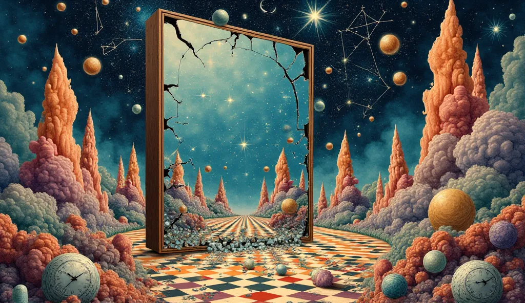 A shattered mirror reflects constellations, tarot symbols, and clocks melting into rivers. Bold 1920s geometric patterns clash w...