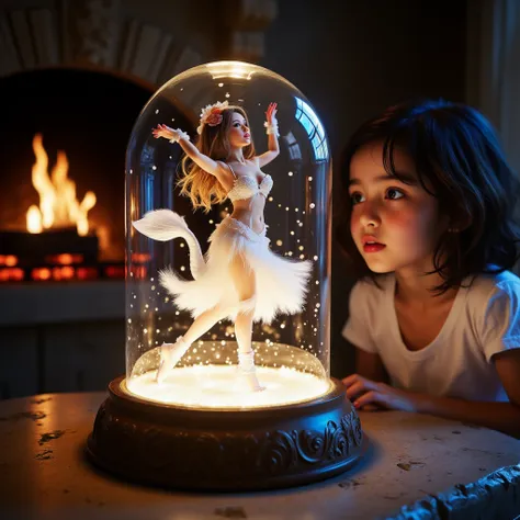 Glass doll in Snow Globe, Small Girl, Dancing Doll, glitter, soft light, 🧜🙋✨💍✨, LifeLike Expressions, fireplace