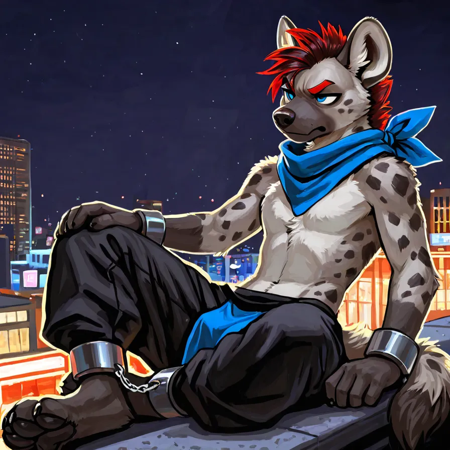 solo, furry, furry, hyena, grey body, emo red bangs hair, Detailed body fur, long blue scarf, , black baggy pants, blue loinclot...