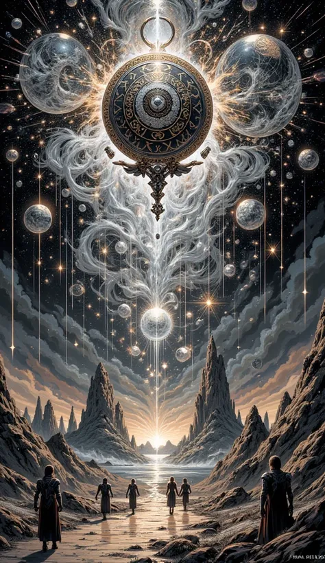 Mystical amulet with ancient symbols, floating in the air with energies coming out of it, creating portals that reflect several ...