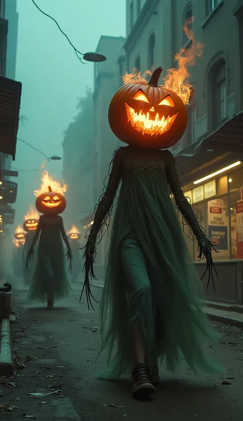 A parade of ghostly entities with heads of hollow pumpkins filled with fire, spiraling seashells, and shattered TV screens, thei...
