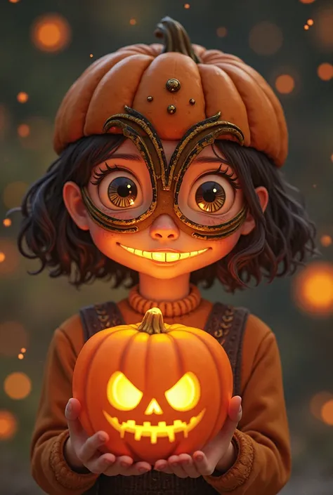 a girl wears a pumpkin mask on her face, artisanal style with delicate sizes, long eyes and a playful smile,the pumpkin decorate...