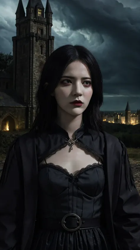 a sinister woman, brooding expression, piercing eyes, sharp facial features, intimidating posture, high contrast lighting, dark ...