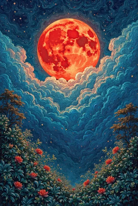 Create a book cover with a style like van go, where there is a dark blue night, a red moon in the center of the image, and that ...