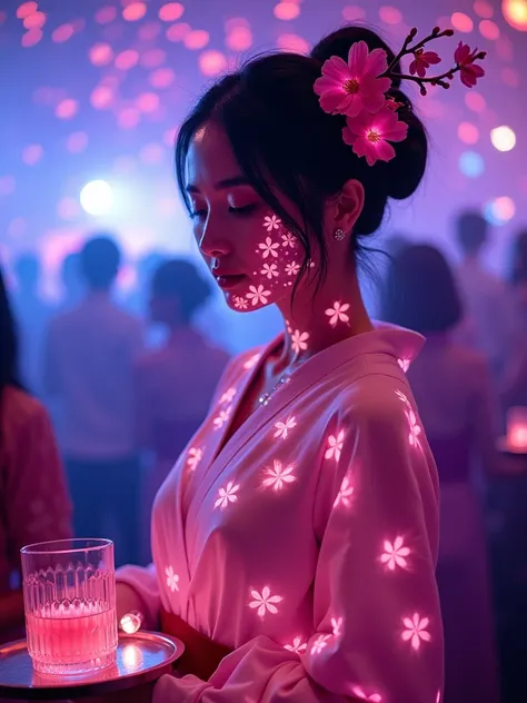 A Japanese nightclub hostess adorned in full-body cherry blossom bodypaint glows under ultraviolet strobes, delicate pink petals...