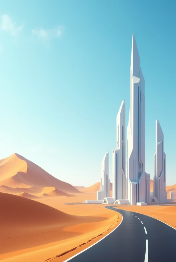 "Wide digital background for a banner. Left side has a large desert sand dune with warm orange tones. Right side shows futuristi...