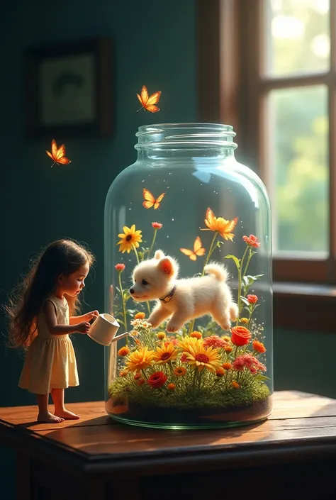 Create a surreal and enchanting scene featuring a crystal glass jar placed on a dark, wooden surface in a dimly lit room. The ja...