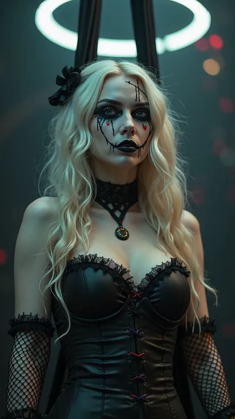 A gothic aerial dancer with long, bleach-blonde hair styled into loose waves and her face painted with smudged, dark makeup, tra...