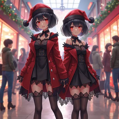 Twin girls anime short hair color black, ojos rojos, red and black translucent lace Christmas lancetry, stockings, high heels,  ...