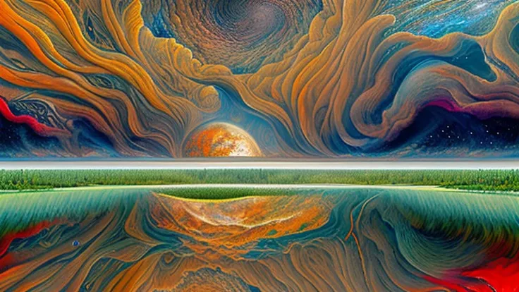 A metaphysical forest where the trees are made of stardust and neurons, roots flowing into galaxies, leaves shaped like sacred s...
