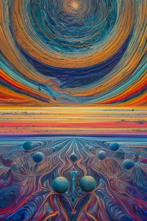 A cosmic field of floating thought-orbs, each orb containing a distant echo, suspended mid-vibration in a silent storm, liquid l...