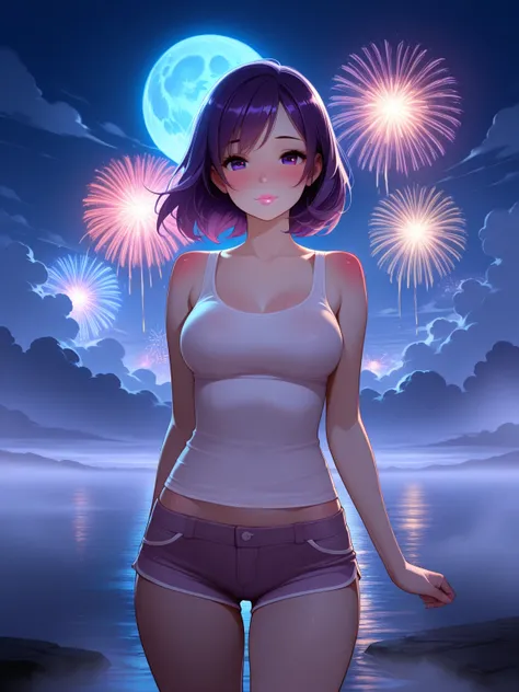 1girl, wife, purple hair, purple eyes, sexy eyes, pink lips, cowboy shot, looking at viewer, tank top, shorts, summer, night, fi...