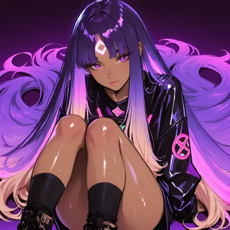  Somente 1 garota,garota bonita anime,((with light brown SKIN)), big purple hair ,gradient, vibrant neon pink tips,bangs on the ...