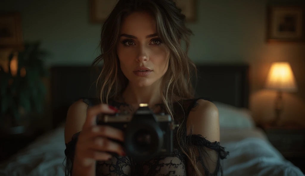 A woman poses close up as if she is taking a selfie in a cozy room and wears a slightly transparent black dress
