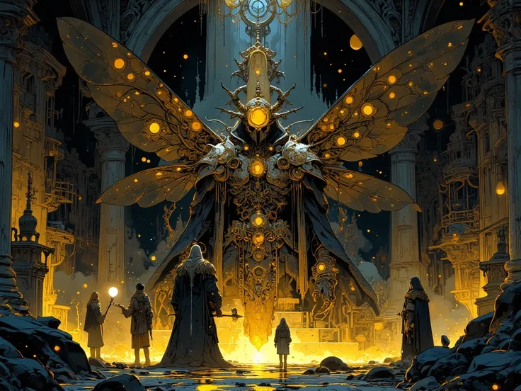 In the deepest chamber of an ancient labyrinth, a dark, corrupted throne room filled with the scent of blood, nectar, and rot. T...