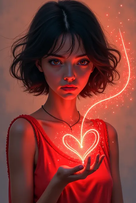 Illustration of a woman in love tied with a red thread with short hair
