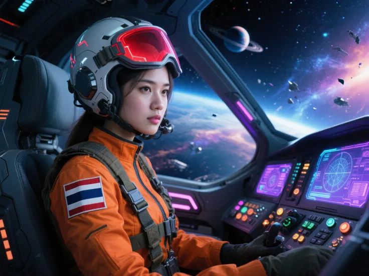 hyper-realistic photo of a beautiful young woman cosplaying as a sci-fi starfighter pilot, sitting inside a sleek futuristic fig...