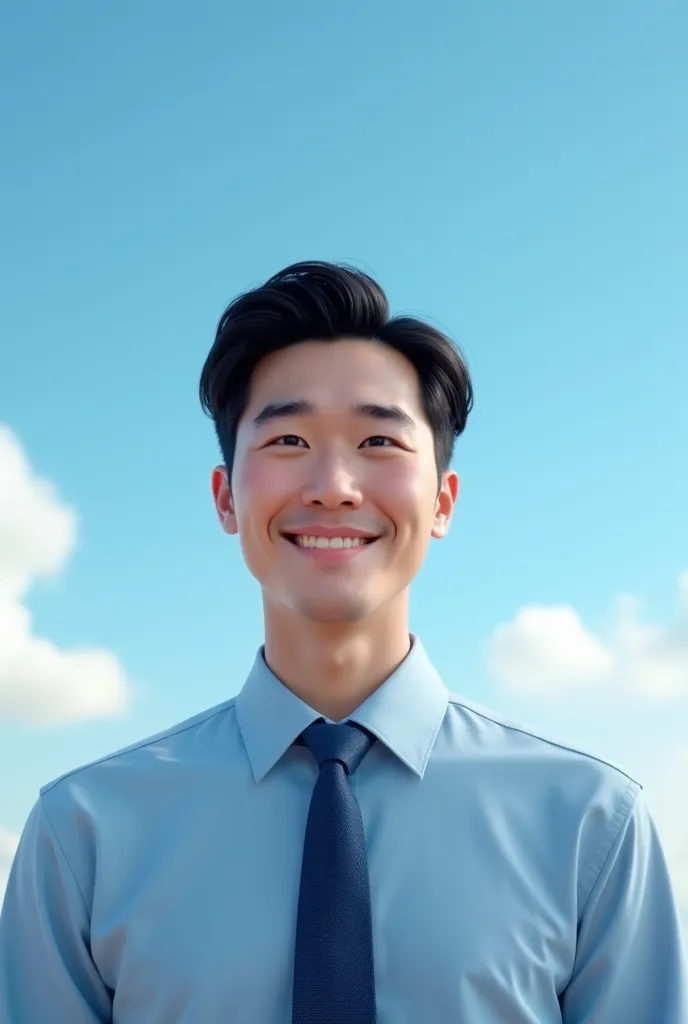 Teacher, man, sky blue shirt, navy tie, black hair, fool, Asian, mid-20s, fresh. 